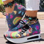 Women's Random Print Side Lace-Up Elastic Sport Shoes, Comfortable Slip-On Sneakers For Women, Casual Daily Wear Footwear